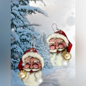 Handpainted Santa Claus Christmas Holiday earrings lightweight OOAK